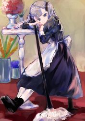 Rule 34 | 1girl, absurdres, apron, black dress, black socks, blue eyes, closed mouth, commentary request, dress, flower, frilled apron, frills, full body, grey hair, highres, indoors, juliet sleeves, juu ame, long hair, long sleeves, maid, mop, no shoes, original, puffy sleeves, red flower, red rose, rose, sitting, socks, soles, solo, table, twintails, vase, white apron