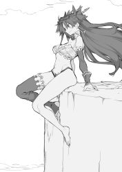 Rule 34 | 10mo, 1girl, arm support, breasts, commentary request, detached sleeves, earrings, fate/grand order, fate (series), full body, greyscale, highres, hoop earrings, ishtar (fate), jewelry, long hair, medium breasts, monochrome, navel, single thighhigh, sitting, solo, thighhighs, toeless legwear