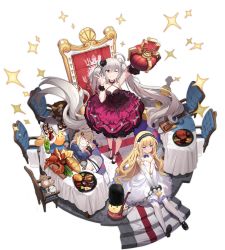 Rule 34 | 3girls, ;q, absurdly long hair, alisa (kuro no sakura), anger vein, artist request, azur lane, bare shoulders, black flower, black footwear, black hairband, blonde hair, blue eyes, blue jacket, bound, bound legs, bound wrists, chair, check artist, crown, detached collar, detached sleeves, dress, evening gown, expressions, flat chest, flower, food, frilled dress, frills, from above, gold trim, hair flower, hair ornament, hairband, highres, holding, holding crown, jacket, layered dress, long hair, manjuu (azur lane), multiple girls, official alternate costume, official art, one eye closed, queen elizabeth (azur lane), queen elizabeth (the queen&#039;s ball) (azur lane), red dress, red eyes, sleeveless, sleeveless dress, thighhighs, tongue, tongue out, transparent background, twintails, valiant (azur lane), valiant (queen valiant i) (azur lane), very long hair, warspite (azur lane), white legwear