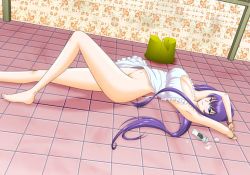 Rule 34 | 1girl, apron, armpits, arms up, bad id, bad pixiv id, bathroom, blue eyes, blush, breasts, busujima saeko, cleavage, highschool of the dead, large breasts, legs, long hair, long legs, lying, naked apron, navel, no panties, on back, purple hair, seductive smile, smile, solo, tecchi (reichel), thighs