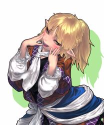 Rule 34 | 1girl, arm warmers, blonde hair, blush, braid, envenomist (gengoroumaru), fangs, green eyes, looking to the side, mizuhashi parsee, open mouth, pointy ears, ponytail, scarf, shirt, short hair, short sleeves, simple background, skirt, smile, solo, touhou, upper body, vest