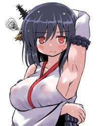 Rule 34 | 10s, 1girl, arm up, armpits, black hair, blush, breast hold, breasts, detached sleeves, covered erect nipples, hair ornament, kantai collection, large breasts, looking at viewer, nontraditional miko, red eyes, short hair, sideboob, solo, squiggle, sweat, tsuzuri (tuzuri), upper body, yamashiro (kancolle)