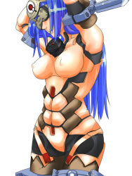 Rule 34 | 1girl, android, ass, blue hair, breasts, commentary request, cyborg, forehead protector, head-mounted display, kos-mos, kos-mos (archetype), long hair, mechanical parts, nude, simple background, solo, very long hair, virtues, xenosaga, xenosaga episode i