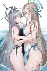 Rule 34 | 2girls, absurdres, animal ear fluff, animal ears, asuna (blue archive), bare arms, bare shoulders, bikini, black choker, black one-piece swimsuit, blue archive, blue bikini, blue eyes, blue nails, blue ribbon, blush, breasts, choker, closed mouth, earrings, from side, grey hair, grin, hair ornament, hair ribbon, halo, highres, jewelry, large breasts, long hair, looking at another, multiple girls, nail polish, one-piece swimsuit, outdoors, parted lips, partially submerged, qiandaiyiyu, ribbon, shiroko (blue archive), shiroko terror (blue archive), side-tie bikini bottom, smile, swimsuit, teeth, thighs, water, wet, yuri