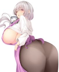 Rule 34 | 1girl, apron, ass, blue eyes, blush, breasts, commentary request, curvy, from below, highres, holding, holding spoon, huge ass, huge breasts, karatakewari, low tied hair, mature female, one eye closed, open mouth, pantyhose, plump, shirt, sideboob, silver hair, spoon, uzaki-chan wa asobitai!, uzaki tsuki, white shirt, wide hips