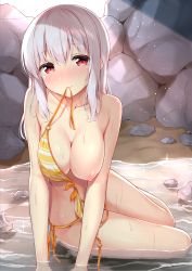 Rule 34 | 1girl, absurdres, arm support, backlighting, beach, bikini, bikini in mouth, blush, breasts, censored, cleavage, clothes in mouth, comiket 94, commentary request, day, front-tie bikini top, front-tie top, hanging breasts, heart, heart-shaped pupils, heart censor, highres, karutamo, large breasts, light particles, long hair, looking at viewer, mouth hold, nipples, nose blush, o-ring, o-ring bikini, ocean, orange bikini, original, outdoors, puffy nipples, red eyes, side-tie bikini bottom, silver hair, solo, string bikini, sunlight, swimsuit, symbol-shaped pupils, untied bikini, wardrobe malfunction, water, wavy mouth