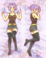 1girl blush breasts covered_erect_nipples dakimakura_(medium) dragon_ball dragonball_z feet genderswap genderswap_(mtf) isaki medium_breasts multiple_views panties pantyshot thighhighs trunks_(dragon_ball) trunks_(future)_(dragon_ball) underwear