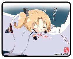 Rule 34 | 1boy, 1girl, azur lane, biting, black gloves, blonde hair, capelet, clevelad (azur lane), commander (azur lane), commentary request, fingerless gloves, gloves, long hair, long sleeves, lying, lying on person, military, military uniform, mini person, minigirl, naval uniform, on stomach, one side up, out of frame, parted bangs, pleated skirt, sidelocks, signature, simple background, size difference, skirt, sleeping, sleeping on person, taisa (kari), twitter username, uniform