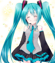 Rule 34 | aqua hair, blush, colorized, detached sleeves, closed eyes, hatsune miku, headset, long hair, necktie, skirt, smile, solo, twintails, velpaw, very long hair, vocaloid