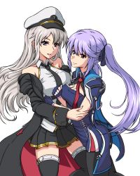 Rule 34 | 2girls, :d, arm grab, azur lane, bare shoulders, belt, betelbear, black belt, black coat, black jacket, black legwear, black neckwear, black skirt, blue cloak, blue dress, blue gloves, braid, breasts, brown eyes, cleavage, clenched hand, cloak, closed mouth, coat, collared shirt, commentary request, couple, dress, enterprise (azur lane), essex (azur lane), female focus, fingerless gloves, gloves, hair between eyes, hair ribbon, hat, highres, hug, jacket, large breasts, light purple hair, long hair, looking at viewer, medium breasts, military, miniskirt, multiple girls, neck, necktie, off shoulder, open clothes, open coat, open mouth, pantyhose, peaked cap, pleated skirt, purple eyes, purple ribbon, red neckwear, ribbon, shirt, short dress, silver hair, simple background, skirt, sleeveless, sleeveless shirt, smile, standing, thighhighs, twintails, underbust, white background, white hat, yellow eyes