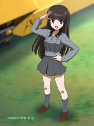 Rule 34 | 1girl, :d, aged down, artist name, black eyes, black hair, black skirt, black socks, blunt bangs, blurry, blurry background, brown footwear, commentary request, dated, day, depth of field, dress shirt, girls und panzer, grass, grey shirt, hand on own hip, highres, kuromorimine school uniform, loafers, long hair, long sleeves, looking at viewer, military, military vehicle, miniskirt, motor vehicle, naotosi, nishizumi shiho, open mouth, outdoors, panzer iii, panzer iii, pleated skirt, salute, school uniform, shirt, shoes, skirt, smile, socks, solo, standing, straight hair, tank, wing collar