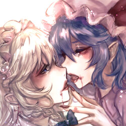 Rule 34 | 2girls, absurdres, blood, blood from mouth, blue eyes, blue hair, bow, braid, close-up, collared shirt, cross, cross earrings, earrings, eye contact, fang, grey hair, hair between eyes, hair bow, hat, highres, imminent kiss, izayoi sakuya, jewelry, kyogoku-uru, lips, looking at another, maid, maid headdress, medium hair, mob cap, multiple girls, nail polish, pink headwear, pink shirt, pointy ears, red eyes, red nails, remilia scarlet, shirt, touhou, yuri