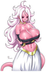 Rule 34 | 1girl, android 21, areola slip, arms under breasts, artist name, black sclera, bracelet, breasts, bursting breasts, choker, cleavage, colored sclera, colored skin, covered erect nipples, crossed arms, dragon ball, dragon ball fighterz, earrings, hoop earrings, jewelry, large areolae, large breasts, long hair, looking to the side, majin android 21, midriff, nail polish, navel, onomeshin, pink skin, red eyes, simple background, solo, tail, white background, white hair