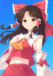 Rule 34 | 1girl, arm garter, ascot, black hair, blue background, bow, brown eyes, brown hair, collared shirt, commentary, detached sleeves, floating hair, frilled bow, frilled shirt collar, frills, from below, gradient background, hair bow, hair tubes, hakurei reimu, half-closed eyes, hand on own chest, hand up, highres, kanpa (campagne 9), light blush, long hair, looking at viewer, midriff peek, mini wings, navel, parted bangs, parted lips, red bow, red shirt, red skirt, ribbon-trimmed sleeves, ribbon trim, shirt, sidelocks, skirt, skirt set, sleeveless, sleeveless shirt, smile, solo, touhou, wide sleeves, wings, yellow ascot