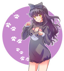 Rule 34 | 1girl, black bow, black hair, black sweater, blake belladonna, bow, breasts, cleavage, cleavage cutout, clothing cutout, cowboy shot, dress, fang, fang out, floating hair, hair bow, highres, iesupa, long hair, looking at viewer, medium breasts, rwby, short dress, sketch, slit pupils, smile, solo, standing, sweater, sweater dress, very long hair, white background, yellow eyes