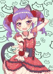 Rule 34 | 1girl, animal ears, aqua background, bang dream!, blush, cat, cat ears, cat tail, commentary request, corset, curly hair, double w, dress, flower, frilled dress, frills, hair flower, hair ornament, highres, jewelry, kemonomimi mode, light blush, looking at viewer, necklace, open mouth, outstretched arm, patterned background, red dress, red eyes, red flower, red rose, rose, round teeth, short sleeves, sidelocks, solo, tail, teeth, textless version, tsurugi hikaru, twintails, udagawa ako, upper teeth only, w, w over eye, wrist cuffs