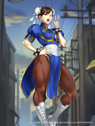 Rule 34 | 1girl, blue dress, blue sky, boots, bracelet, brown eyes, brown hair, brown pantyhose, bun cover, capcom, china dress, chinese clothes, chun-li, cross-laced footwear, double bun, dress, earrings, gunshiprevolution, hair bun, hand on own hip, jewelry, muscular, muscular female, one eye closed, open mouth, pantyhose, pelvic curtain, puffy short sleeves, puffy sleeves, short sleeves, sky, solo, spiked bracelet, spikes, standing, street fighter, white footwear, yawning