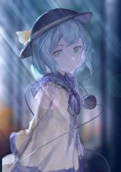 Rule 34 | 1girl, absurdres, arms at sides, black hat, black neckerchief, blouse, closed mouth, commentary, dated, frilled sleeves, frills, from side, green eyes, green hair, hat, hat ribbon, highres, komeiji koishi, light rays, long sleeves, looking at viewer, looking to the side, medium hair, neckerchief, ribbon, shirt, smile, solo, third eye, touhou, upper body, wb yimo, wide sleeves, yellow ribbon, yellow shirt