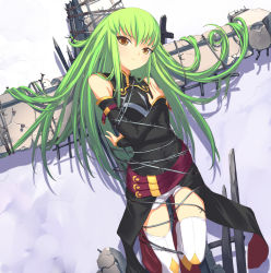 Rule 34 | 00s, 1girl, barbed wire, bdsm, blush, bondage, bound, c.c., code geass, cross, detached sleeves, green hair, long hair, solo, thighhighs, tied up (nonsexual), uni (plastic girl), yellow eyes