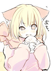Rule 34 | 1girl, animal ear fluff, animal ears, baozi, blonde hair, blush, brown eyes, brown scarf, chita (ketchup), fang, food, hands up, highres, holding, holding food, long sleeves, looking at viewer, open mouth, original, pink sweater, puffy long sleeves, puffy sleeves, scarf, short eyebrows, simple background, sleeves past wrists, solo, sweater, thick eyebrows, translated, upper body, white background