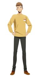 Rule 34 | 1boy, black pants, brown eyes, brown hair, closed mouth, light brown hair, long hair, long sleeves, looking at viewer, pants, shirt, shoes, smile, solo, solo leveling, transparent background, yellow shirt, yoo jin-ho