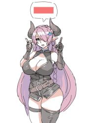 Rule 34 | 1girl, asymmetrical gloves, belt, black gloves, blue eyes, braid, breasts, cleavage, cleavage cutout, clothing cutout, commentary, demon horns, draph, dress, english commentary, eu03, fang, gloves, granblue fantasy, granblue fantasy versus, hair ornament, hair over one eye, hitbox, horns, huge breasts, index fingers raised, light purple hair, long hair, loose belt, microdress, narmaya (granblue fantasy), pointy ears, single braid, single thighhigh, skin fang, skindentation, solo, speech bubble, standing, thigh strap, thighhighs, uneven gloves, very long hair