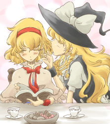 Rule 34 | 2girls, alice margatroid, bad id, bad pixiv id, blonde hair, book, cookie, couple, cup, female focus, food, hat, kirisame marisa, multiple girls, non (z-art), open book, plate, reading, ribbon, table, touhou, witch hat, yuri