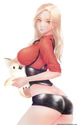 Rule 34 | 1girl, bad deviantart id, bad id, bird, blonde hair, breasts, butt crack, corset, cowboy shot, from side, highres, large breasts, long hair, looking at viewer, looking to the side, mabinogi, mabinogi heroes, parted lips, red eyes, short shorts, shorts, sleeves rolled up, smile, tasselcat, transparent background, underbust, watermark