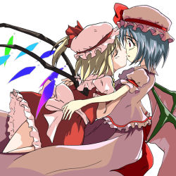 Rule 34 | 2girls, bat wings, blonde hair, blue hair, bow, closed eyes, female focus, flandre scarlet, frilled shirt, frilled skirt, frills, hat, hat ribbon, imminent kiss, incest, kiss, long skirt, mob cap, multiple girls, open mouth, pink hat, pink skirt, puffy short sleeves, puffy sleeves, red eyes, red ribbon, remilia scarlet, ribbon, sash, shirt, short hair, short sleeves, siblings, simple background, sisters, skirt, touhou, white background, white bow, wings, yuri