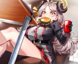 Rule 34 | 1girl, ahoge, black cola, black jacket, blue archive, breasts, brown eyes, burger, bursting breasts, button gap, commentary request, couch, crossed legs, cup, disposable cup, drinking straw, eating, feet out of frame, food, from below, grey hair, hair ornament, hairclip, halo, highres, holding, holding cup, holding food, horns, izumi (blue archive), jacket, large breasts, long hair, looking at viewer, looking down, low twintails, notice lines, on couch, parted bangs, pleated skirt, red skirt, sitting, skirt, solo, table, twintails, very long hair