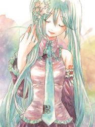 Rule 34 | 1girl, a-gatha, aqua hair, bad id, bad pixiv id, detached sleeves, embellished costume, closed eyes, frills, hatsune miku, long hair, necktie, painting (medium), skirt, smile, solo, star (symbol), traditional media, twintails, vocaloid, watercolor (medium)