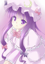 Rule 34 | 1girl, blush, bow, bowtie, coo (coonekocoo), crescent, dress, female focus, hat, long sleeves, looking at viewer, matching hair/eyes, mob cap, patchouli knowledge, purple dress, purple eyes, purple hair, red bow, red bowtie, solo, tareme, touhou