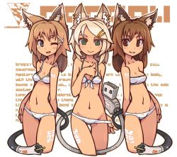 Rule 34 | 3girls, animal ears, bikini, blonde hair, blue eyes, breasts, brown eyes, brown hair, cable, cable tail, cat ears, colored eyelashes, cropped legs, fang, front-tie top, green eyes, grin, long hair, looking at viewer, mechanical tail, multiple girls, nancou (nankou), navel, one eye closed, original, small breasts, smile, swimsuit, tail