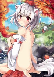 Rule 34 | 1girl, animal ears, ass, autumn leaves, back, bare back, blush, breasts, covering privates, covering breasts, detached sleeves, hat, highres, inubashiri momiji, leaf, looking at viewer, maple leaf, nude, onsen, red eyes, sideboob, sitting, solo, soramuko, steam, sweatdrop, tail, tokin hat, touhou, water, wolf ears, wolf tail