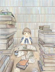 Rule 34 | 1girl, absurdres, bad id, bad pixiv id, book, book stack, bookshelf, brown eyes, brown hair, hands up, highres, open book, original, pencil, quinoko, shirt, short hair, smile, solo, table, tree, upper body, white shirt