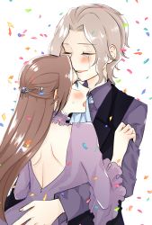 Rule 34 | 1boy, 1girl, 3so4ru5959, backless dress, backless outfit, black vest, blue eyes, blush, brother and sister, brown hair, choker, commentary request, confetti, dress, dress shirt, closed eyes, frilled choker, frills, frown, hair ornament, hetero, highres, hug, katarina claes, keith claes, light brown hair, long hair, long sleeves, necktie, open mouth, otome game no hametsu flag shika nai akuyaku reijou ni tensei shite shimatta, purple choker, purple dress, purple shirt, shirt, short hair, siblings, smile, step-siblings, tears, vest, white background, white neckwear, wing collar
