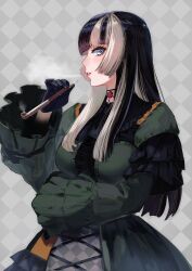 Rule 34 | 1girl, absurdres, black dress, black gloves, black hair, blue eyes, blunt bangs, breasts, checkered background, dress, gloves, gothic lolita, grin, highres, holding, holding smoking pipe, hololive, hololive dev is, juufuutei raden, kiseru, lolita fashion, long hair, looking at viewer, looking to the side, medium breasts, multicolored hair, murechika, sidelocks, smile, smoke, smoking pipe, solo, streaked hair, virtual youtuber, white hair