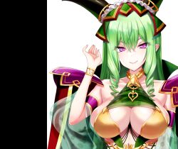 Rule 34 | 1girl, :&gt;, blush, breasts, cape, character request, cleavage, cleavage cutout, closed mouth, clothing cutout, crossed bangs, dragon quest, eyebrows hidden by hair, female focus, green hair, hand up, horns, large breasts, light blush, long hair, looking at viewer, pink eyes, simple background, smile, solo, tachi-e, transparent background, upper body, youta