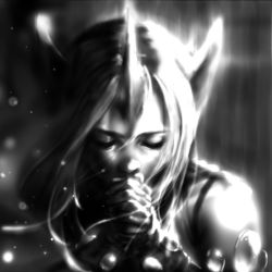 Rule 34 | 1girl, closed eyes, greyscale, horns, hwangun, league of legends, long hair, monochrome, own hands together, pointy ears, single horn, solo, soraka (league of legends)