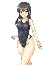 Rule 34 | alternate costume, black hair, black one-piece swimsuit, breasts, brown eyes, collarbone, competition swimsuit, cowboy shot, hair ornament, hairclip, kantai collection, kudou (ooabareteng), looking at viewer, medium breasts, medium hair, one-piece swimsuit, open mouth, oyashio (kancolle), simple background, smile, swimsuit, white background