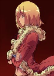 Rule 34 | 1girl, amami amayu, androgynous, blonde hair, brown eyes, closed mouth, coat, from side, fur trim, gradient background, long sleeves, midriff, navel, ragnarok online, rogue (ragnarok online), short hair, simple background, smile, solo, upper body