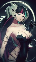 Rule 34 | 1girl, absurdres, aqua hair, black dress, black hair, breasts, claws, cleavage, commentary, commission, dress, english commentary, highres, hoplitx, horns, ink, large breasts, long hair, looking at viewer, multicolored hair, original, parted lips, pelvic curtain, pixiv commission, red hair, runny makeup, simple background, skull, solo, strapless, strapless dress, streaked hair, very long hair