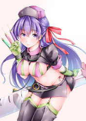 Rule 34 | 1girl, bb (fate), bb (fate/extra), belt, between fingers, bikini, blush, boots, breasts, cleavage, cosplay, covered erect nipples, elbow gloves, fate/grand order, fate (series), florence nightingale (fate), florence nightingale (fate) (cosplay), florence nightingale (trick or treatment) (fate), florence nightingale (trick or treatment) (fate) (cosplay), gloves, green bikini, hair ribbon, hat, highres, holding, holding syringe, large breasts, layered bikini, lips, long hair, looking at viewer, microskirt, millipen (medium), navel, nurse cap, official alternate costume, pink bikini, purple eyes, purple hair, red ribbon, revealing clothes, ribbon, sezok, shrug (clothing), side-tie bikini bottom, skirt, smile, solo, stethoscope, swimsuit, syringe, thigh boots, thighhighs, thighhighs under boots, traditional media, white background