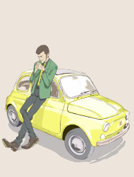 Rule 34 | 1boy, arsene lupin iii, brown hair, car, cigarette, fiat, fiat 500, formal, green jacket, jacket, lupin iii, male focus, manbou (manvow), motor vehicle, necktie, sideburns, solo, suit, tms entertainment, vehicle, vehicle focus, yellow necktie