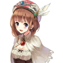Rule 34 | 1girl, :d, atelier (series), atelier rorona, blue eyes, blush, breasts, brown hair, capelet, female focus, hat, highres, looking at viewer, open mouth, parsley-f, rororina fryxell, simple background, sketch, smile, solo, upper body