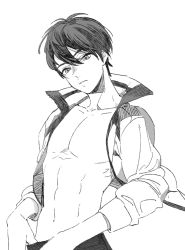 Rule 34 | 10s, 1boy, black hair, expressionless, free!, greyscale, jacket, jammers, looking at viewer, male focus, male swimwear, monochrome, muscular, nanase haruka (free!), navel, no nipples, open clothes, open jacket, simple background, sketch, tmku, topless male, white background, wind