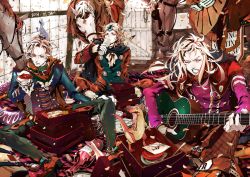 Rule 34 | 3boys, acoustic guitar, alcohol, aviquaimots, bad id, bad pixiv id, blonde hair, bottle, confetti, diego brando, dinosaur, drinking, guitar, gyro zeppeli, hat, highres, horse, instrument, johnny joestar, jojo no kimyou na bouken, liquor, male focus, multiple boys, music, new year, playing instrument, scary monsters (stand), sitting, steel ball run