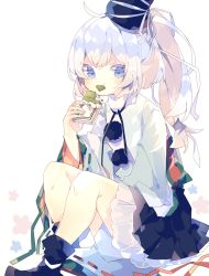 Rule 34 | 1girl, between legs, biting, blue eyes, blue skirt, blush, candy, chocolate, chocolate bar, eating, flower (symbol), food, frilled skirt, frills, hand between legs, hat, highres, japanese clothes, kariginu, layered clothes, long hair, looking at viewer, mononobe no futo, neck ribbon, nikorashi-ka, on floor, pom pom (clothes), ponytail, ribbon, ribbon-trimmed sleeves, ribbon trim, shoes, sitting, skirt, sleeves past fingers, sleeves past wrists, tate eboshi, thick eyelashes, touhou, white background, white hair, wide sleeves, wrapper