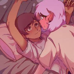 Rule 34 | 2girls, amity blight, bed, blanket, blush, brown eyes, brown hair, earrings, highres, jewelry, lifewithsmoke, luz noceda, lying, multiple girls, on person, pillow, purple hair, shirt, smile, sweat, t-shirt, the owl house, under covers, yellow eyes, yuri