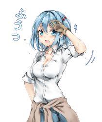 Rule 34 | 1girl, alternate costume, amagi (amagi626), arm up, blue eyes, blue hair, blue skirt, blush, breasts, brown gloves, check commentary, cleavage, clothes around waist, collarbone, commentary request, contemporary, cowboy shot, flying sweatdrops, gloves, grey jacket, hair between eyes, hair bobbles, hair ornament, hand on own hip, highres, jacket, jacket around waist, kawashiro nitori, large breasts, looking at viewer, no headwear, open mouth, shirt, short hair, short sleeves, simple background, skirt, solo, standing, sweat, swept bangs, touhou, translated, two side up, white background, white shirt, wing collar